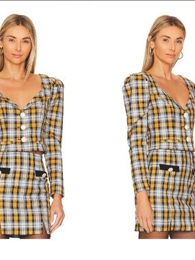 MAJORELLE Black Dress with Yellow & Blue Plaid Trim